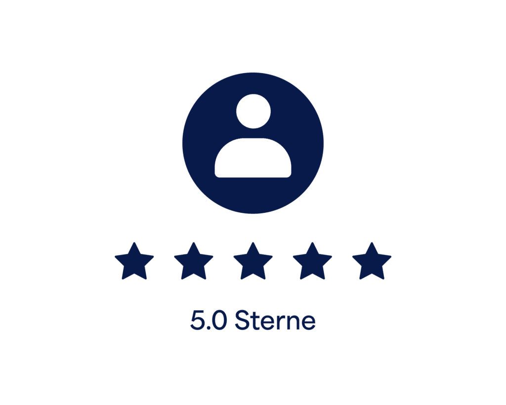 Ein dunkelblaues Symbol einer Person über fünf dunkelblauen Sternen, mit dem Text „5,0 Sterne“ darunter, symbolisiert die bestbewertete unternehmensberatung prozessoptimierung auf Deutsch.